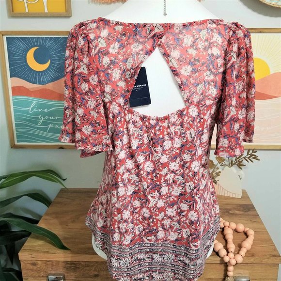 Top, Blouse. Terracotta, Ivory, Blue Floral Print. Lucky Brand. Size S/P. NWT - Picture 4 of 11